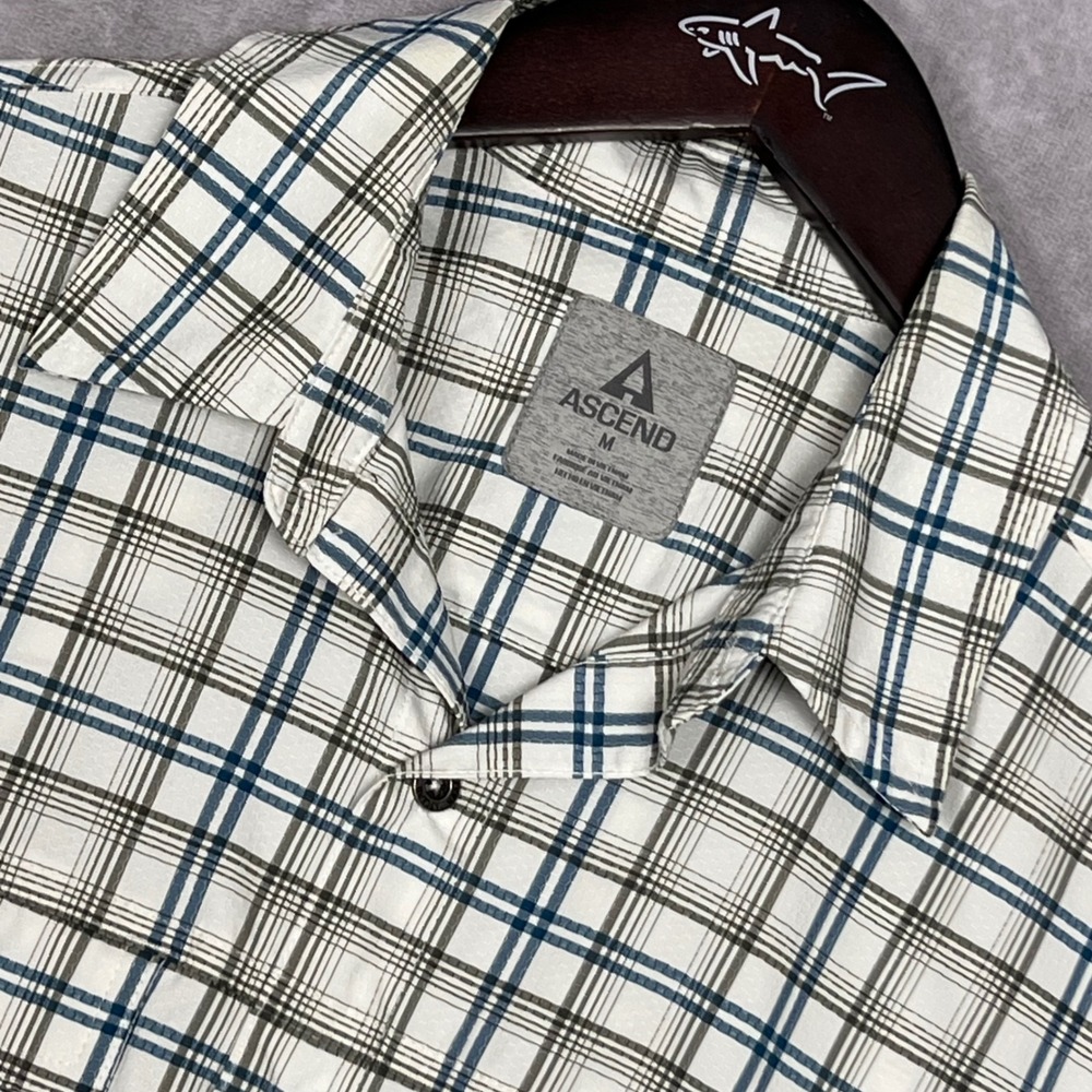 Ascend Plaid Button Down Shirt Mens Medium White‎ Blue Long Sleeve Stretch